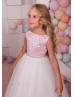 Beaded Pink Satin Ivory Tulle Floor Length Flower Girl Dress